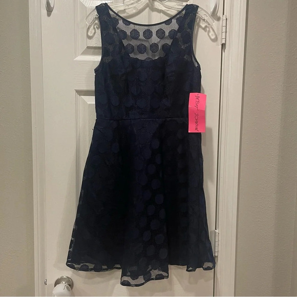 Betsey Johnson Navy Polka Dot Fit and Flare 50s Inspired Party Dress Sz 4 - Picture 2 of 10